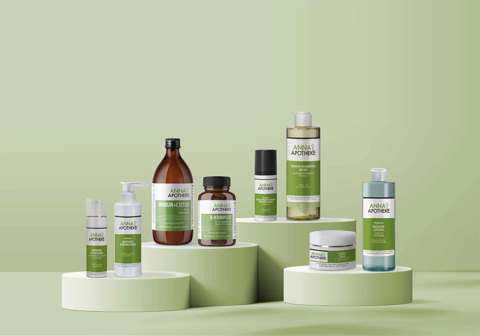 Arrangement von Nahrungsergänzungmittel und Kosmetikprodukten der Anna Apotheke in Salzburg